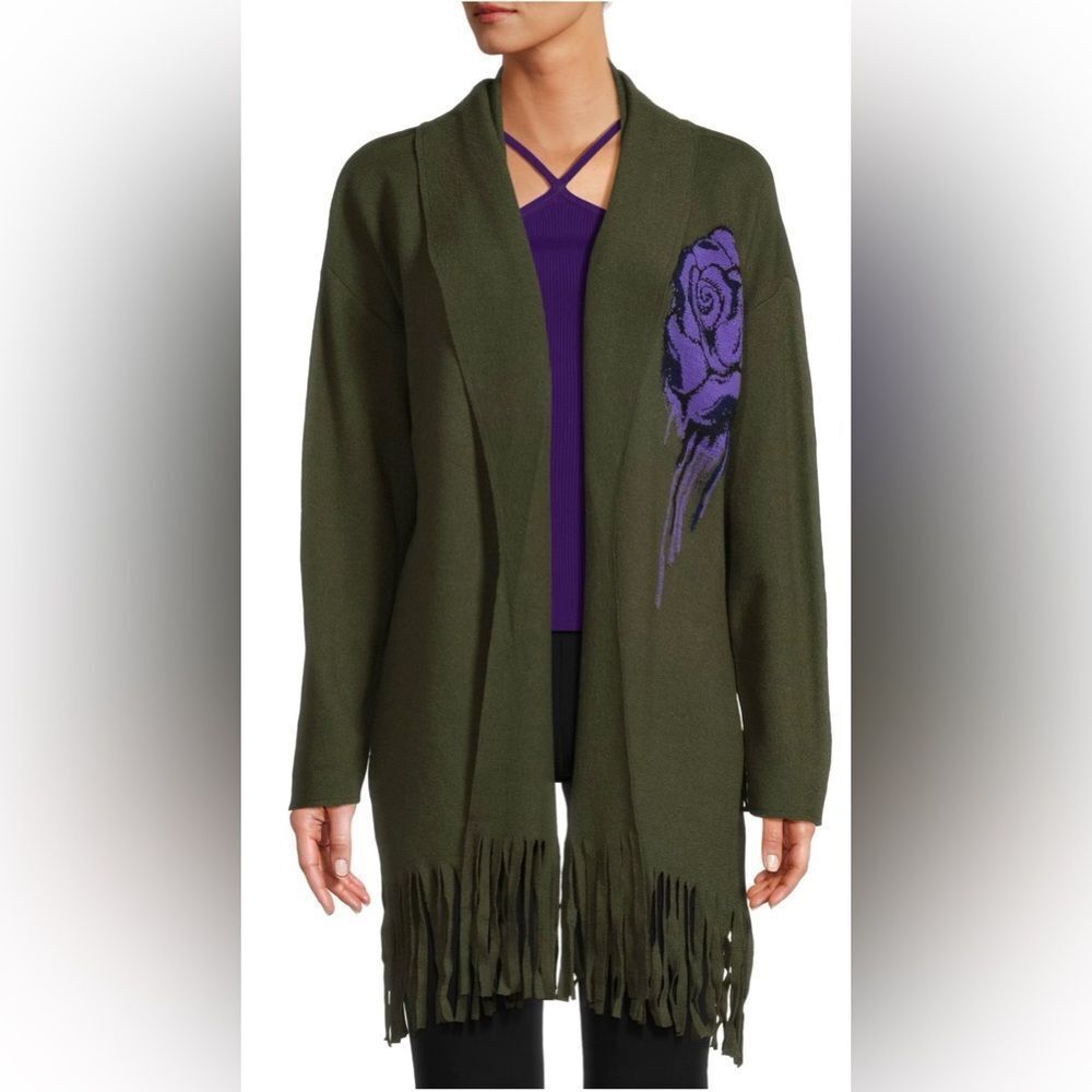 Moschino Boutique Chic Olive Cardigan with Purple Rose Accent, US8